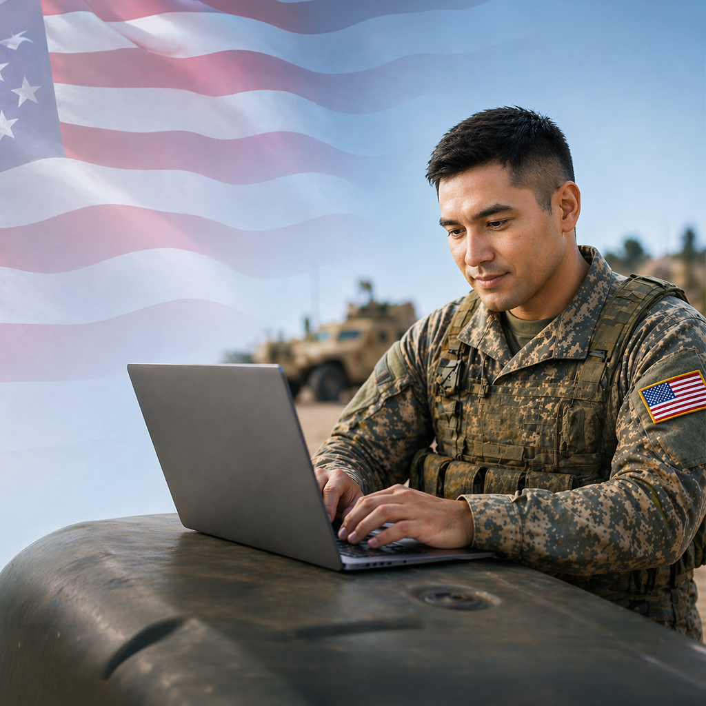 Military service member using a laptop