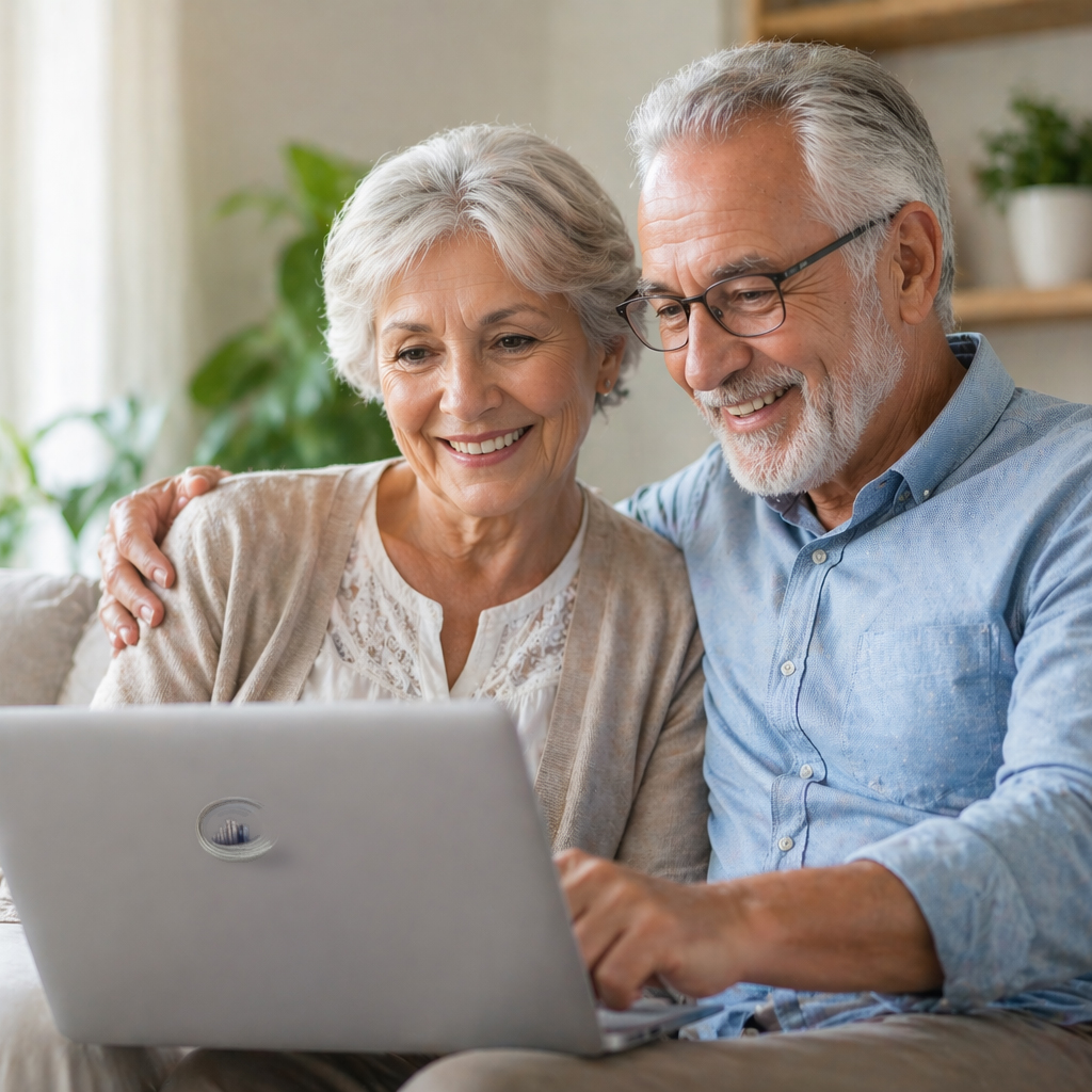 Senior couple using a laptop at home